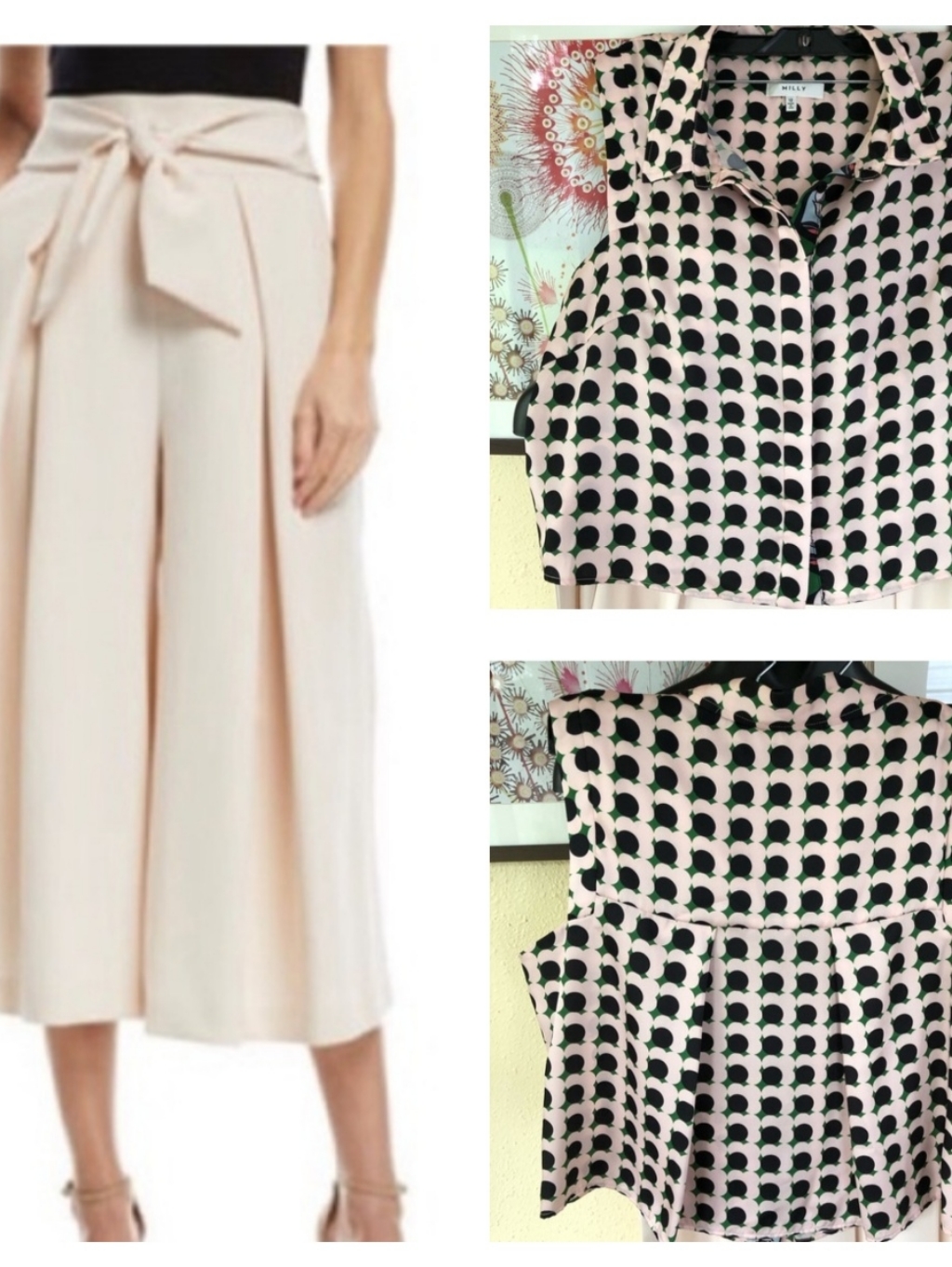 Milly Italian Cady Culottes Pants Cream & Print Top Sz 12